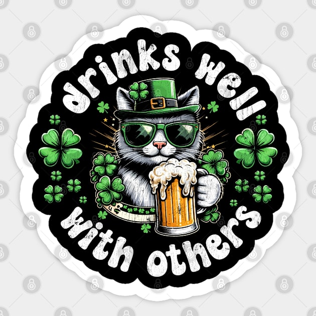 Drinks Well with others funny cat drinking beer St Patrick's day Sticker by RetroPrideArts